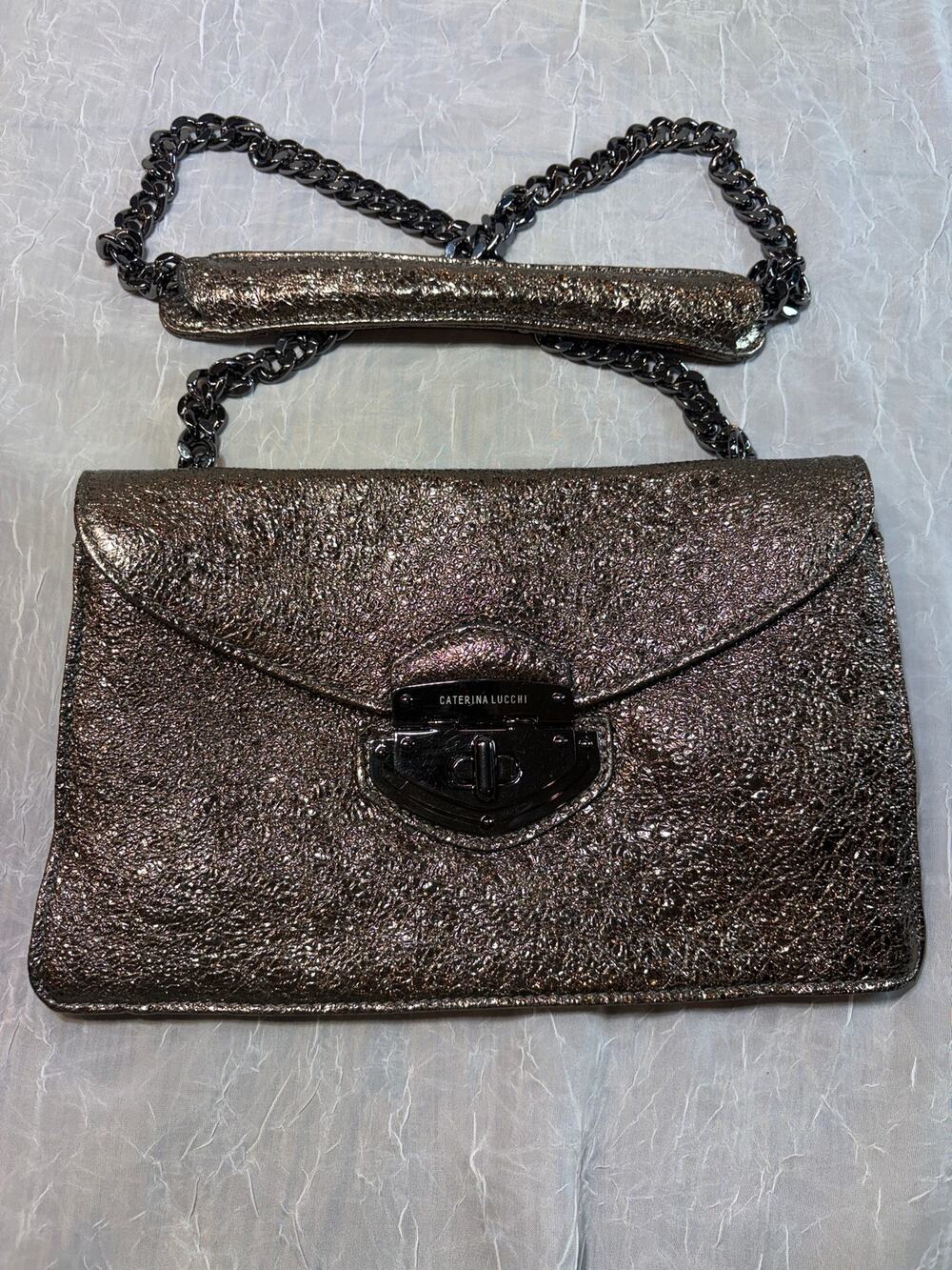 Caterina Lucchi Metallic Bronze Clutch with Chain Shoulder Strap
